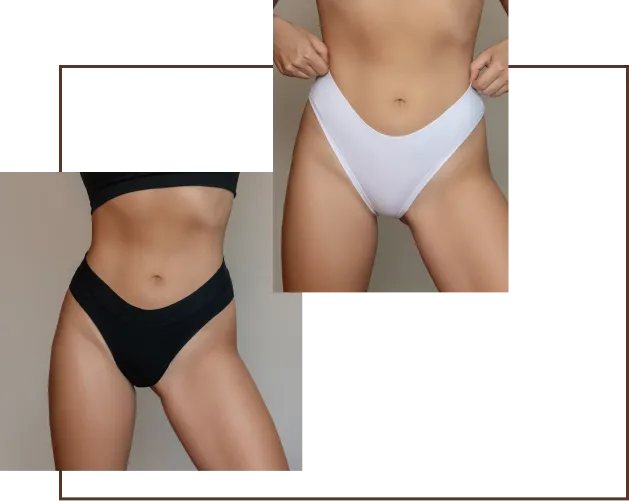 Two women in black and white underwear showing the effects of Brazilian waxing.